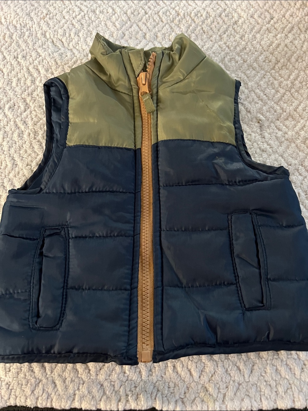 Kids Quilted Puffer Vest in Olive & Navy with Front Zip